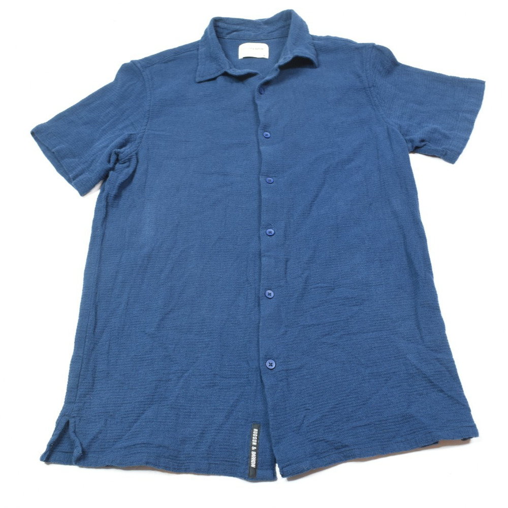 Hudson & Barrow Wovens Shirt Mens Medium Blue Short Sleeve Button-Up Slim Fit